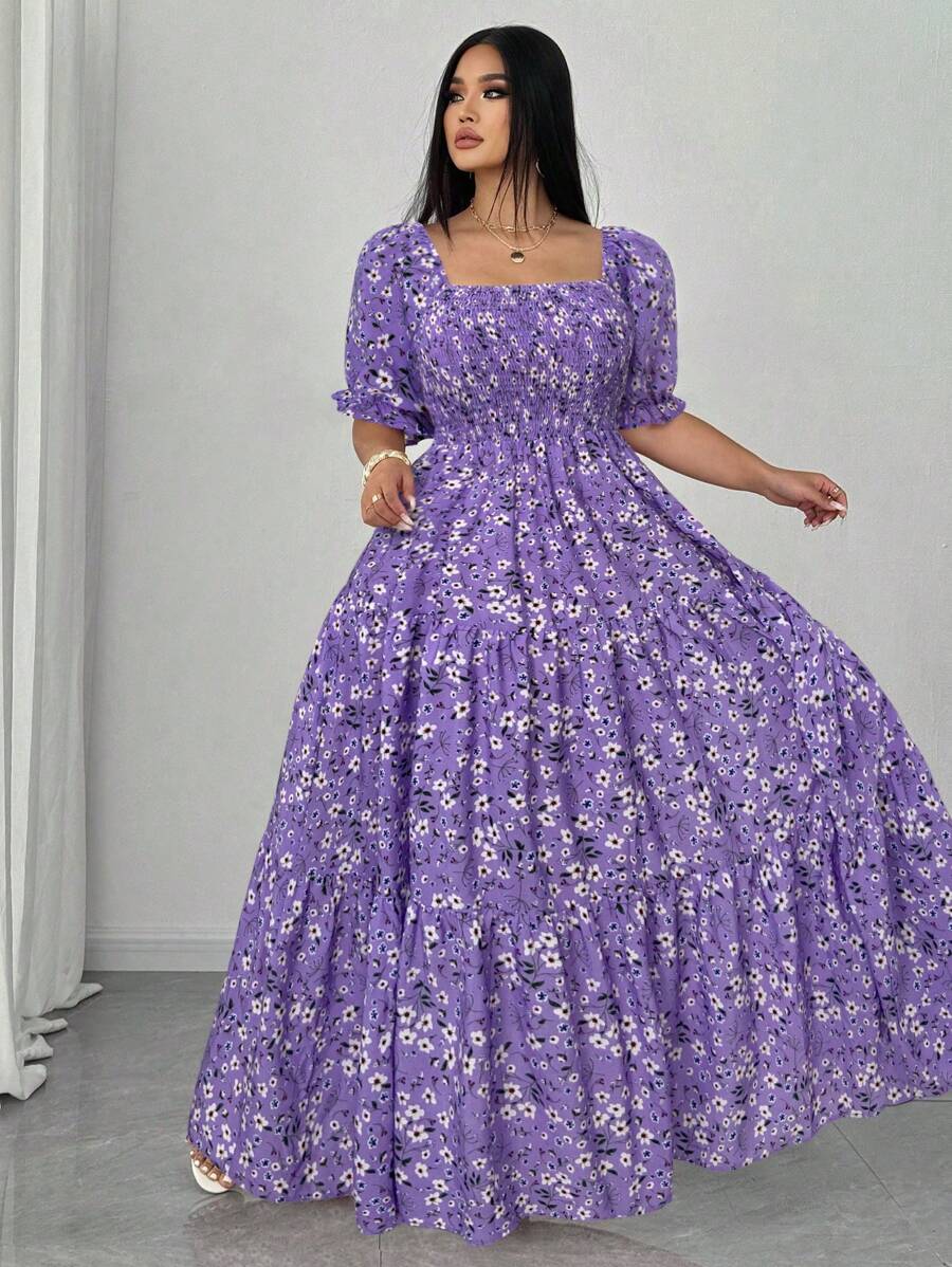 SHEIN Clasi Đầm thanh lịch cổ vuông tay ngắn họa tiết hoa cỡ lớn - Màu tím hoa cà - Xem 1