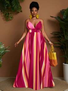 Maweii Plus Size Casual Ombre Spaghetti Strap Dress For Vacation - Pink - View 3