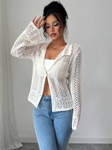 SHEIN Clasi Chiang Mai Sunshine Korean-Style Casual Vacation Chic Hollow Out Collar Cardigan Fall Cloth For Women