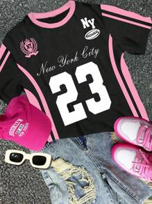 SHEIN Leap Crew 可爱字母和数字 23 粉色条纹针织图案少女休闲简约圆领短袖 T 恤，适合夏季 - 彩色 - 查看 3