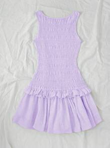 Elamini Váy mini viền bèo nhún màu mơ cho nữ - Màu tím hoa cà - Xem 2