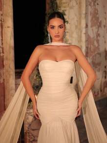 Glamrae Elegante vestido largo de gala con falda de sirena, cintura alta, decoración de volantes, malla brillante y fluida sin tirantes de color morado claro, con espalda ajustable con lazo (con lentejuelas desmontables para versatilidad), vestido de noche formal - Albaricoque - Ver 2