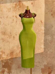 Amplova Đầm bodycon hở lưng xếp nếp hở cao thắt nơ dây mảnh - màu xanh lá - Xem 2