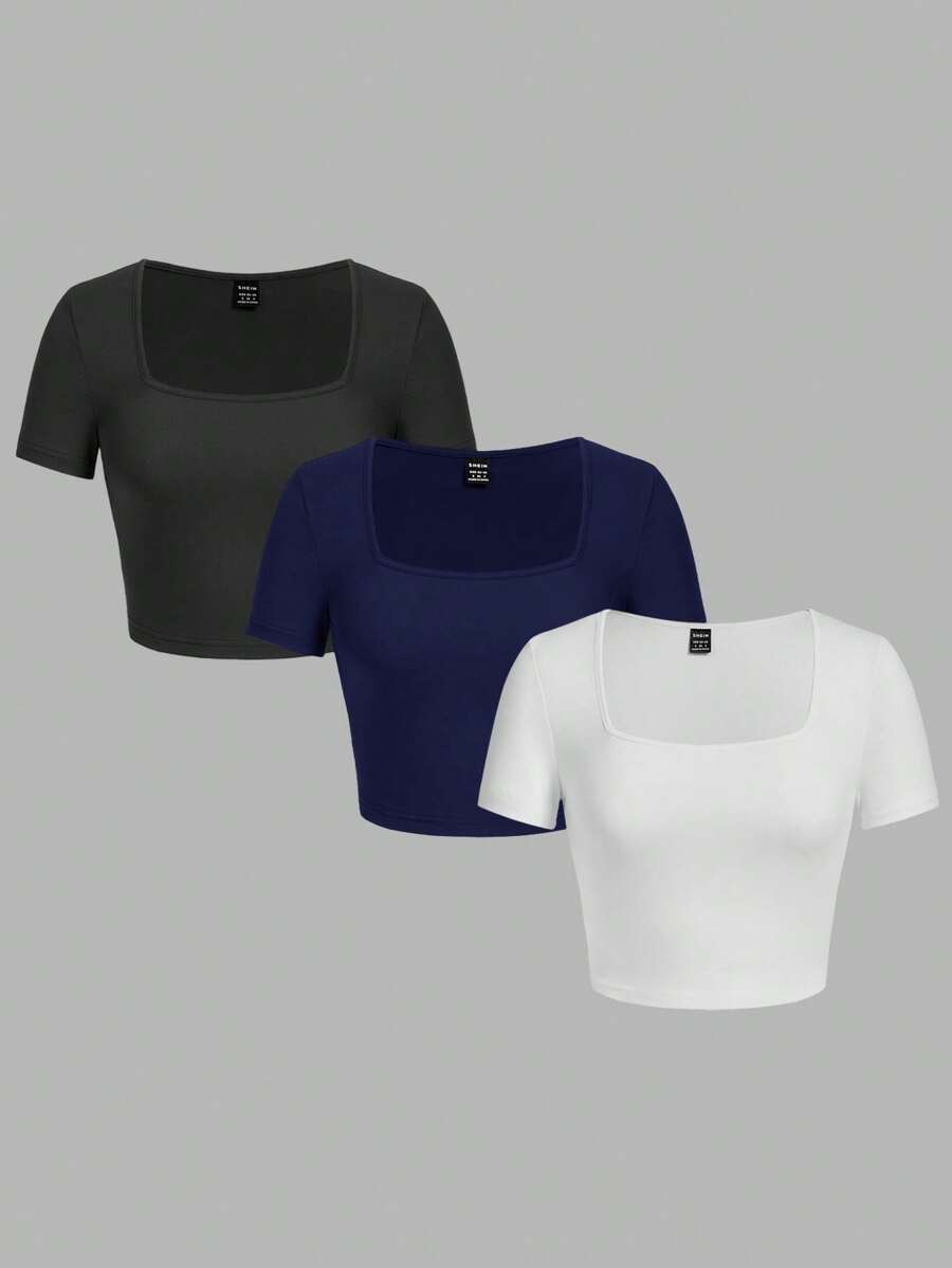 SHEIN EZwear 3 件套女士休闲方领长袖紧身 T 恤，适合夏季