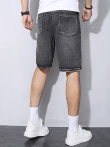 Manfinity Homme 男士休闲破洞口袋牛仔短裤，百搭 - 黑色 - 查看 2