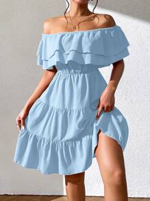 Chiquease Solid Color Ruffled Trim Off-Shoulder Elegant Dress - Blue - View 4