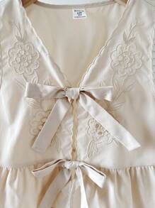 SHEIN Camisa sin mangas elegante con volantes y bordados de moño de color albaricoque sólido para niñas preadolescentes - Albaricoque - Ver 8