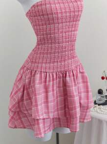 Flirla Pink Plaid Print Sweet Girl Beach Vacation Fitted Slim Dress - Pink - View 8