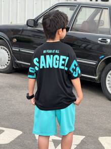 Set de 2 piezas de camiseta de manga corta con estampado de letra y pantalones cortos de ajuste suelto, estilo calle casual y cómodo para niños preadolescentes, apropiado para escuela, jardín, playa, cumpleaños, primavera, verano, otoño, invierno