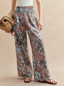 Écloséra 法式复古腰果花褶皱腰荷叶边下摆女士春夏度假阔腿裤