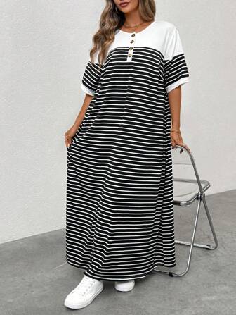 SHEIN CURVE+ Plus Size Women Round Neck Black & White Striped Slimming Slit Casual Holiday Dress, Spring Break Western Wear Boho Style