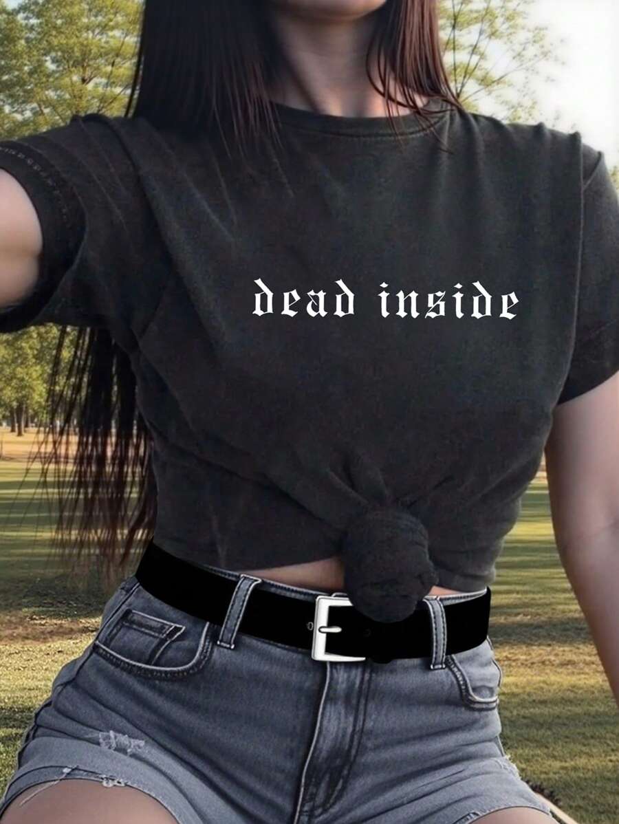 INAWLY T-shirts femmes "Dead Inside" Grunge Esthétique Y2K E-girl Rétro années 90 et 2000 Punk Edgy, actuelle, T-shirts mode, T-shirts esthétiques, cadeau pour sœurs - Noir - Voir 1