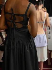 Siren Gaze Váy đen dáng chữ A midi buộc lưng, phù hợp cho kỳ nghỉ, phong cách Boho - màu đen - Xem 6