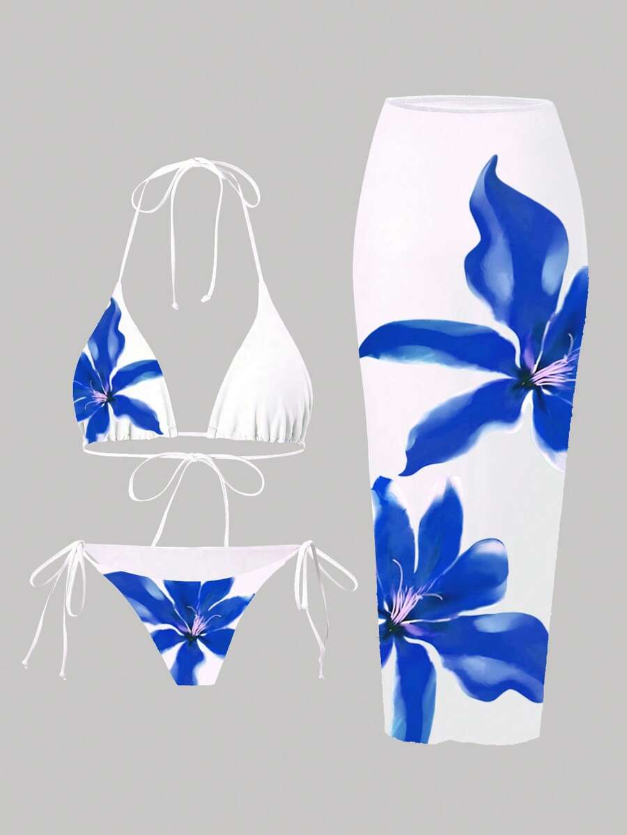 Swim Oasis 2 件套 2025 女士休闲度假细肩带三角上衣、侧系带下装和长网纱裙，3 件套泳衣/比基尼夏季套装 - 彩色 - 查看 1