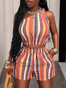 Slaydiva 2025新款夏季休闲街头Y2K甜美辣妹日常约会复古街头挂脖吊带侧PU丝带镂空吊带荷叶边下摆巴洛克印花玫红色迷你裙修身短裙针织女士迷你连衣裙-A