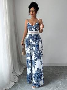 Elenzga 女装夏季新款优雅休闲假日腰部镂空花卉太阳印花V领无袖束腰阔腿连体裤 - 藍白色 - 查看 5