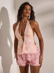 Opulessa Halter Backless Beaded Embroidery Woven Women's Sleeveless Top, Sexy Holiday Summer Vacation - Pink - View 5