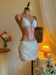 SHEIN MOD 3pcs Set:White Floral Bikini With Lattice Back Strap,Ruffled Mini Skirt Cover Up,Summer Tropical Bathing Suit For Beach Vacation,Pool Party,Holiday - Yellow - View 5