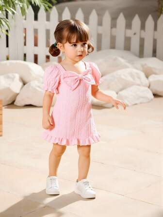 SHEIN Young Girl Sweet Bowknot Puff Sleeve Textured Dress
