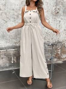 SHEIN LUNE Plus Size Sleeveless Button Jumpsuit - Apricot - View 4