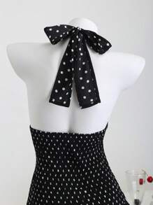 Elamini Polka Dot High Neck Waist Back Cut-Out Tie-Up Hem Contrast Ruffle Mini Dress, Elegant & Romantic For Beach, Daily Outing, Date