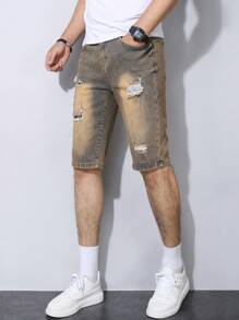 Manfinity Homme 男士撞色破洞口袋夏季休闲牛仔短裤 - 銅色 - 查看 5