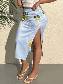 SHEIN EZwear 大码夏季度假休闲柠檬花印花浅蓝色半身裙 - 淺藍色 - 查看 5