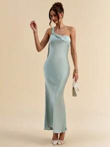 SHEIN BAE Women's Elegant Satin Dress With Ruffled Asymmetrical Neck Flutter Sleeve, Summer Dresses For Wedding Event,Mint Green Dress Party Dresses For Women - Green - View 3
