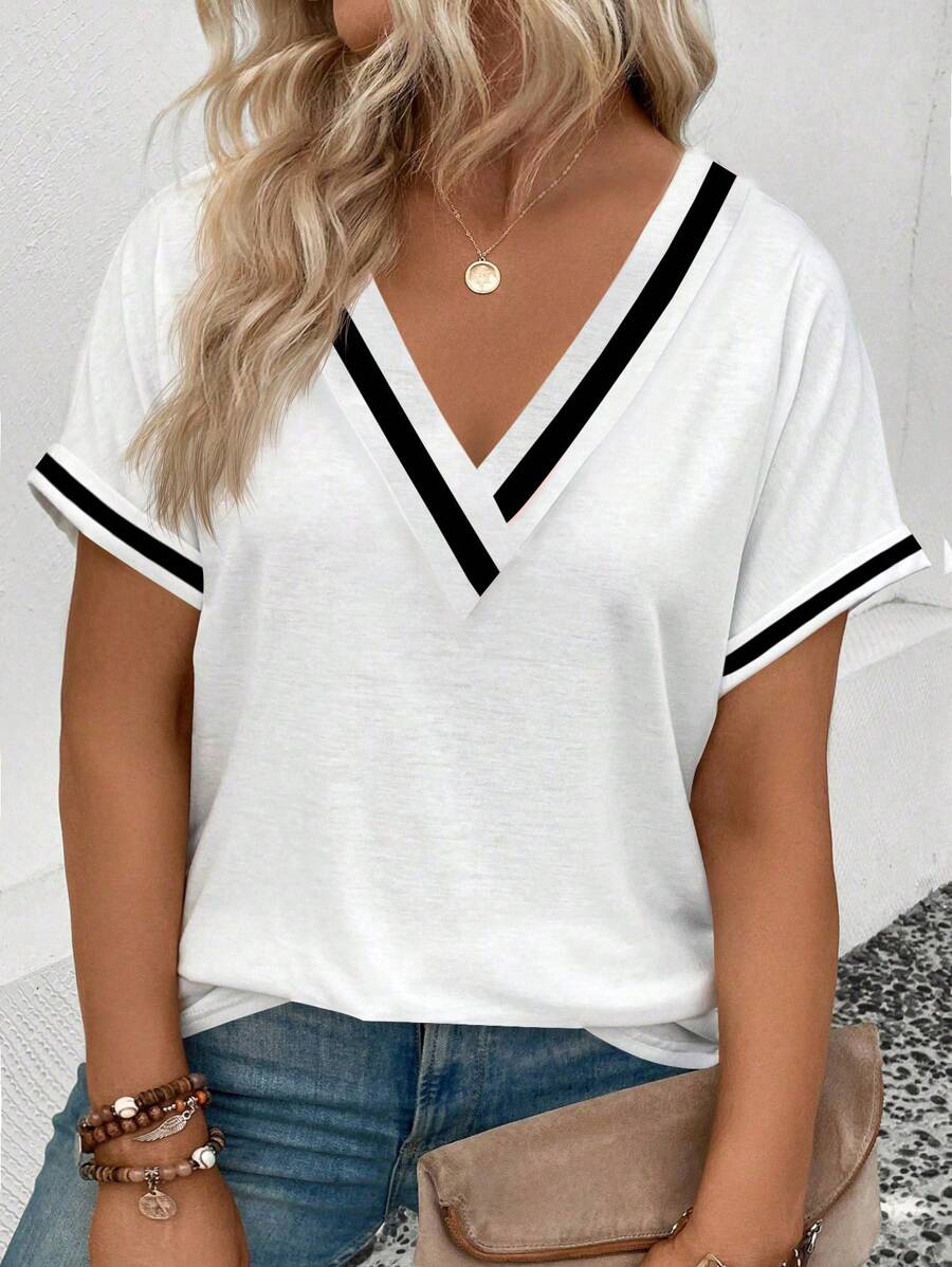 SHEIN Plus Size V-Neck Colorblock Striped Summer V-Neck T-Shirt - White - View 1