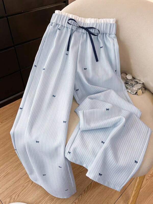 SHEIN Clasi Plus Size Women Casual Bow & Striped Print Color Blocking Loose Paper Bag Waist Wide Leg Pants