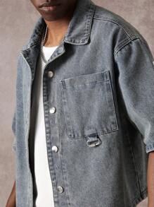 Sumwon Men Oversized Crop Denim Jacket, Street Style Team Logo Varsity Letter Print Urban Streetwear, Casual Fashion Fall Outerwear Spring Jacket Festival - Blue - View 4