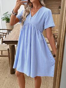 EMERY ROSE 女式优雅条纹V领短袖A字迷你连衣裙