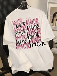 Manfinity Dauomo Erkek Kontrast Renkli Baskılı Yuvarlak Yaka Kısa Kollu Tişört, 2000'ler Tarzı