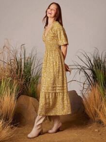 WESTFADE Spring Vacation Floral Printed V-Neck Puff Sleeve A Line Dress - Yellow - View 5