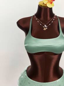Amplova 2 Teile Set mit Satin Gros-de-Tours Besatz Cropped Top und ultraniedrig geschnittener Mini-Rock - Grün - Übersicht 4