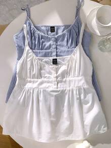 SHEIN EZwear 2件套白色和蓝色条纹荷叶边纽扣设计吊带背心，女士休闲夏季款 - 藍白色 - 查看 7