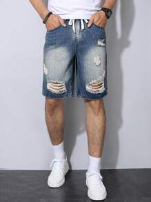 Manfinity Homme 男士做旧褪色牛仔短裤 - 中等水洗藍 - 查看 3