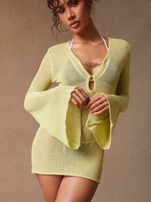 SHEIN Unity Vestito a maniche lunghe, coprente per piscina, estivo e sexy, adatto per festival musicali, mini lunghezza, in maglia di cotone, adatto per brunch, spiaggia, uso casual quotidiano e occasioni formali, abbigliamento da donna - Verde - Visualizzare 5