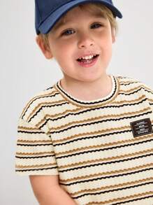 SHEIN 2pcs/Set Young Boy Casual Striped Round Neck Short Sleeve T-Shirt And Denim Shorts