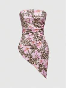 ROMWE J-Fashion Women Leopard & Floral Print Asymmetric Ruched Hem Blouse, Summer Vacation - Multicolor - View 1