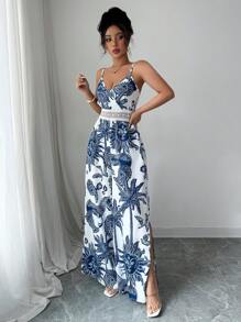 Elenzga 女装夏季新款优雅休闲假日腰部镂空花卉太阳印花V领无袖束腰阔腿连体裤 - 藍白色 - 查看 3