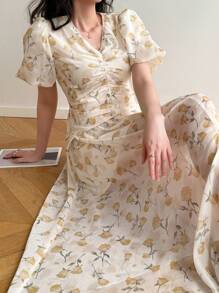 Modelyn Women's V-Neck Ruched Puff Sleeve Mid-Length Casual Allover Print Dress - Light Yellow - View 4