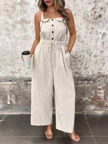 SHEIN LUNE Plus Size Sleeveless Button Jumpsuit - Apricot - View 6