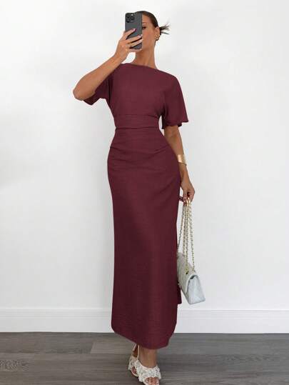 Siren Gaze Women's Summer Solid Color Linen Blended Dress,Business Casual Woman Christmas New Year Thanks Giving Elegant Red Evening Dress Burgundy Valentine's Day Formal