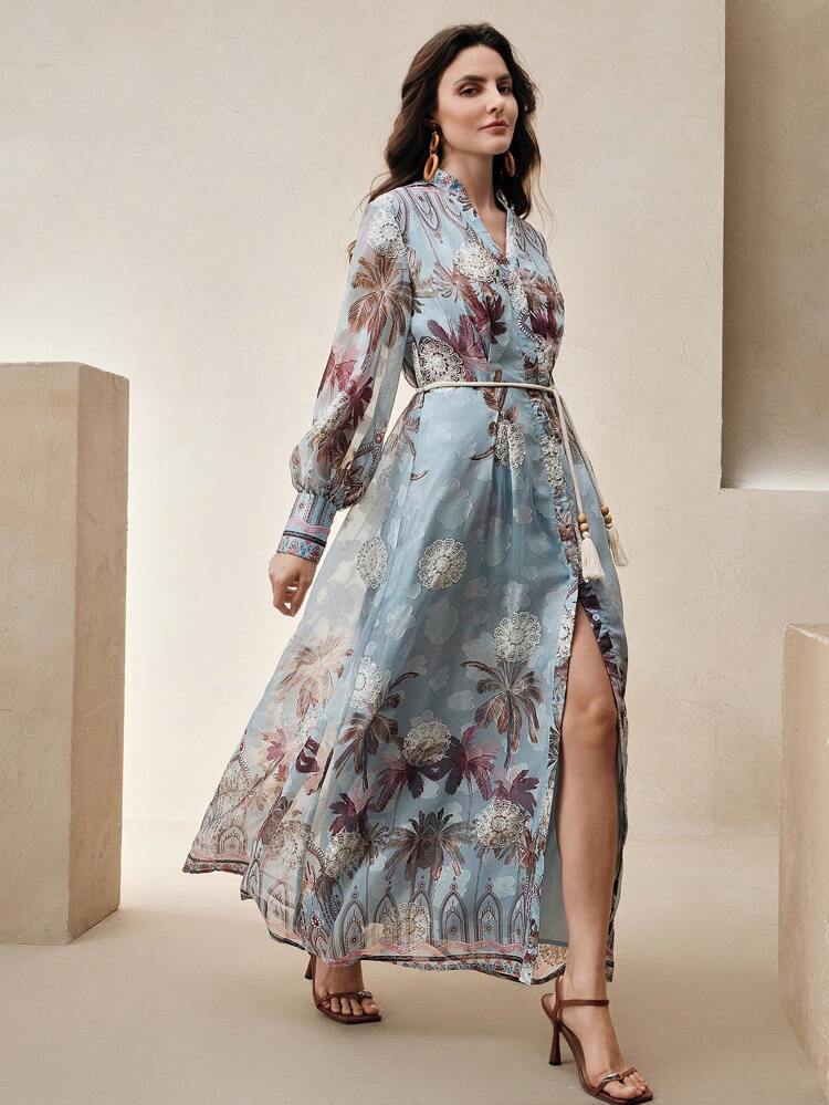 Women Spring/Summer New Arrival Stand Collar Long Sleeve Vacation Style Palm Tree Print Waisted Elegant Dress