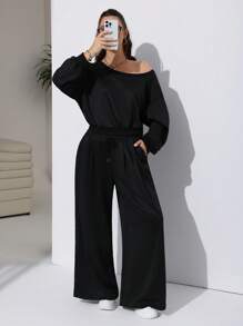 Solflare Plus Size Women Solid Color Asymmetrical Neck Long Sleeve Sweatshirt & Wide Leg Pants, 2 Pieces Set, Casual - Black - View 5
