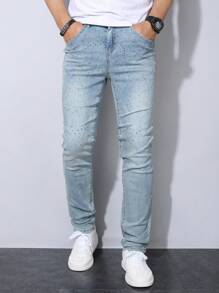Manfinity Homme Men's Fashion Rhinestone Decor Pocket Casual Denim Jeans - Blue - View 1