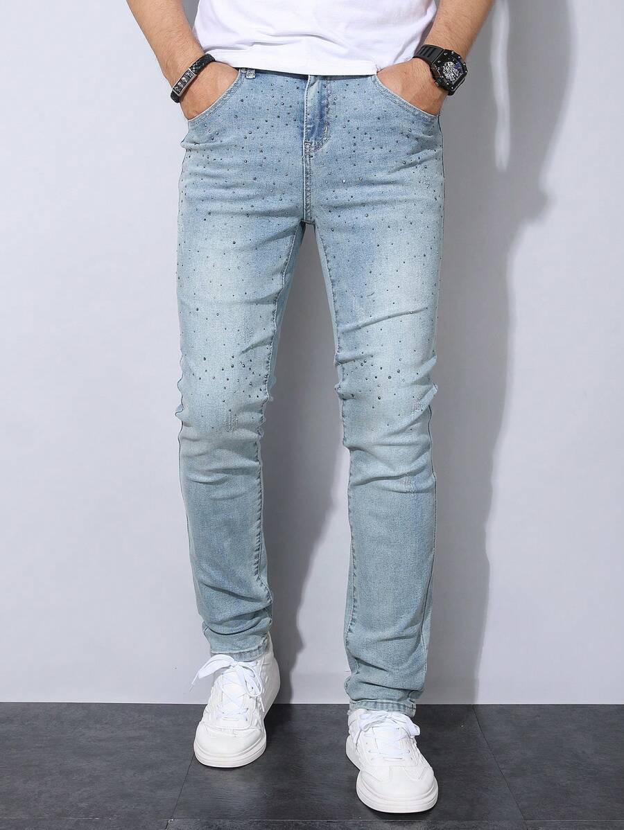Manfinity Homme Men's Fashion Rhinestone Decor Pocket Casual Denim Jeans - Blue - View 1