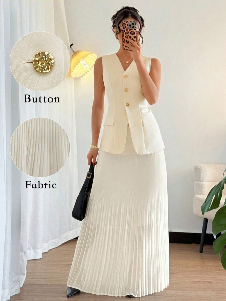 Elenzga 优雅通勤优雅时尚百搭编织杏色深V领无袖收腰修身不挑身金属纽扣前开长A字网眼重褶长裙女式套装 - 杏色 - 查看 1