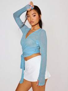 MUSERA V 领裹身上衣休闲夏季春假假日夏季波西米亚风节日可爱夏季上衣牛仔女郎场合优雅机场基本款 - 藍色 - 查看 3